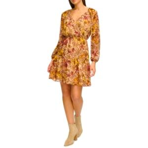 Guess vneck Floral Print Long Sleeve chiffon brown & tan Dress size 6